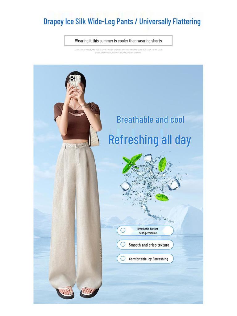 Tencel Linen Wide-Leg High-Waisted Women's Pants - Spring/Summer 2026, Ice Silk, Floor-Length, Casual Straight Fit