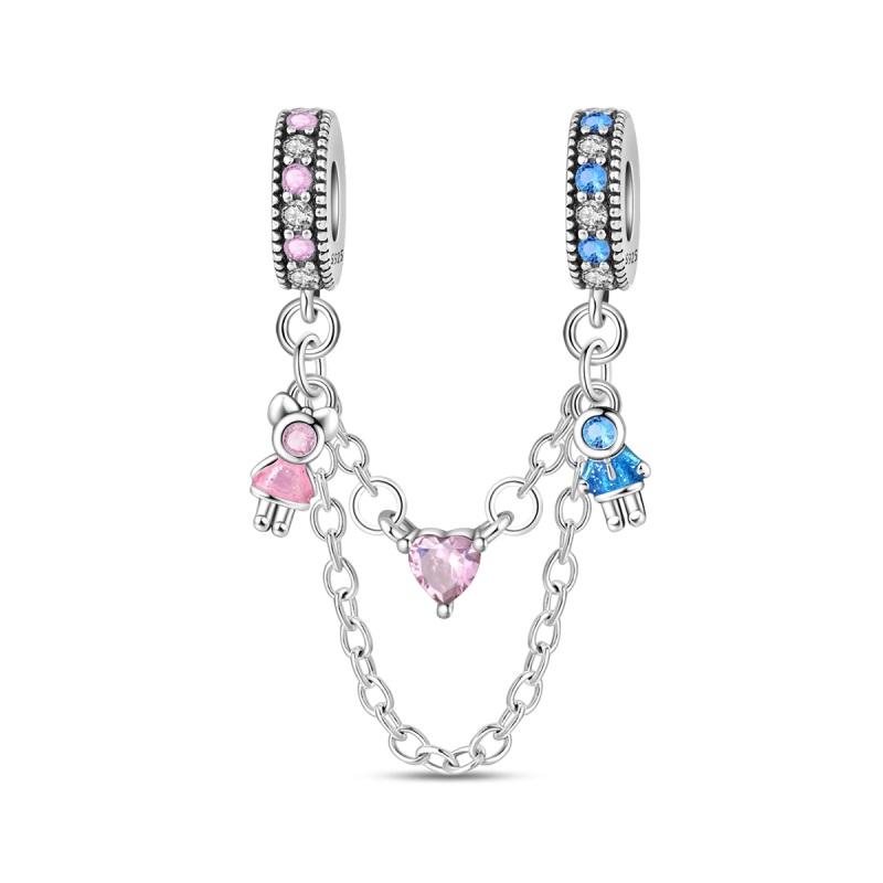 925 Silver Safety Chain Charm Bracelet Set Clover Lock Key Bear Peace Dove Fruit Decoration Beaded Fine Jewelry Gift