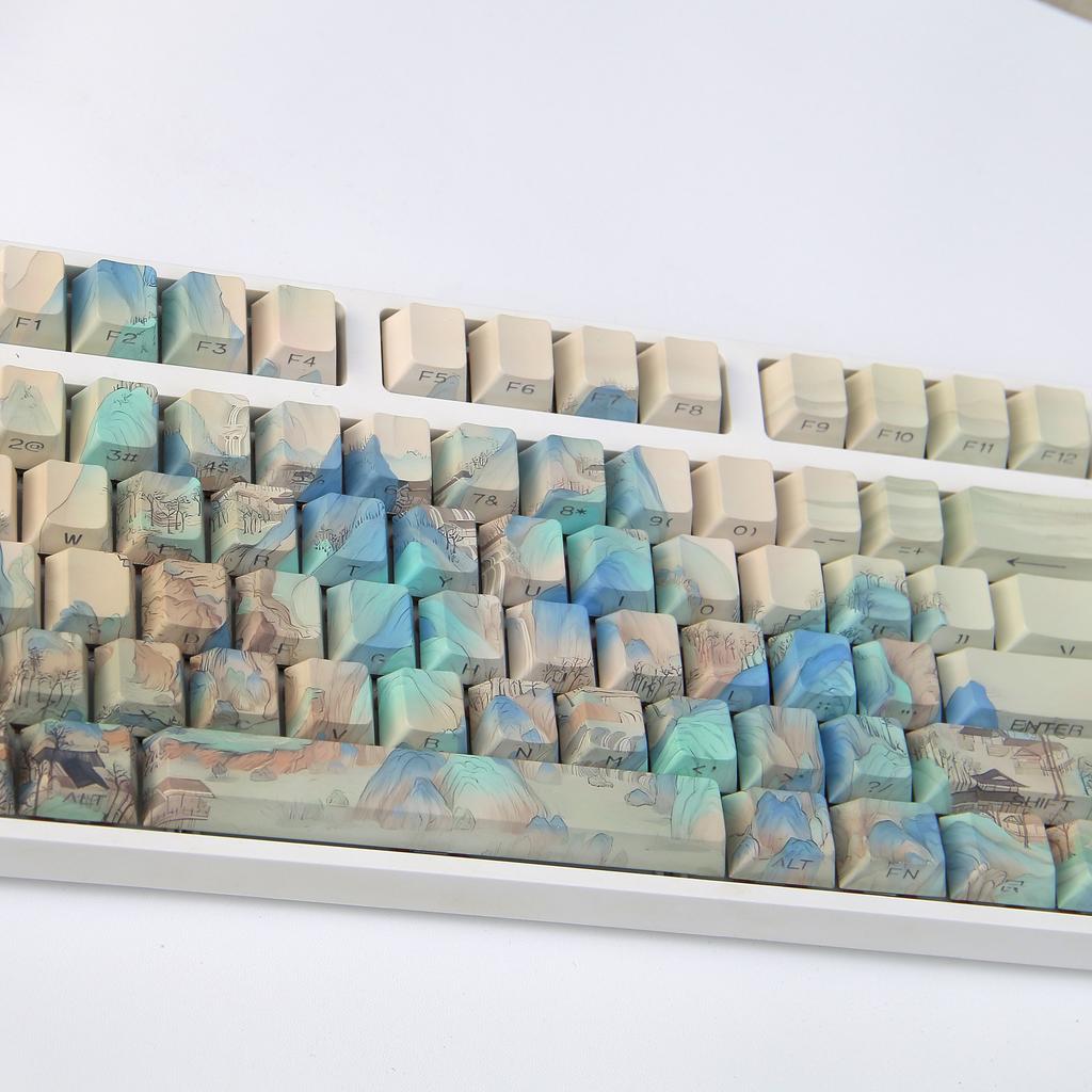 Qianli Jiangshan Keycaps Chinese Style Ancient Oil Painting Style Keycaps Side Engraved Translucent Original Pbt Keycaps 120Keys