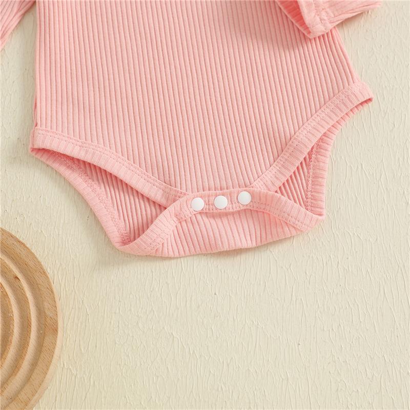 Autumn Fashion Newborn Baby Girls Clothing Set Solid Color Long Sleeve Ribbed Romper with Floral Print Overalls 2Pcs Outfit