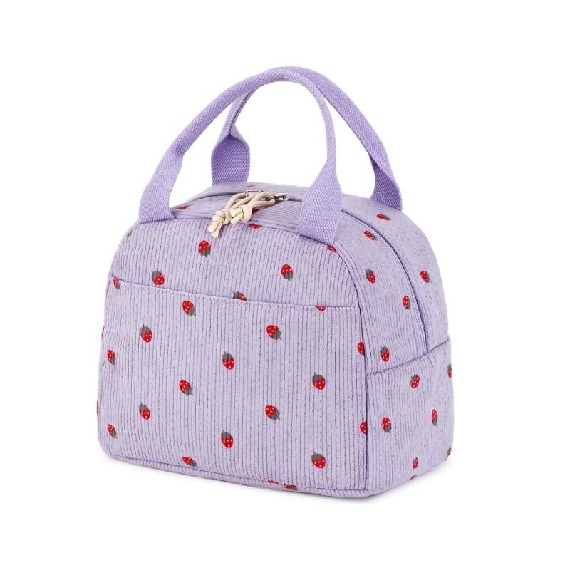Strawberry Corduroy Large Capacity Insulated Lunch Bag for Travel & Picnic