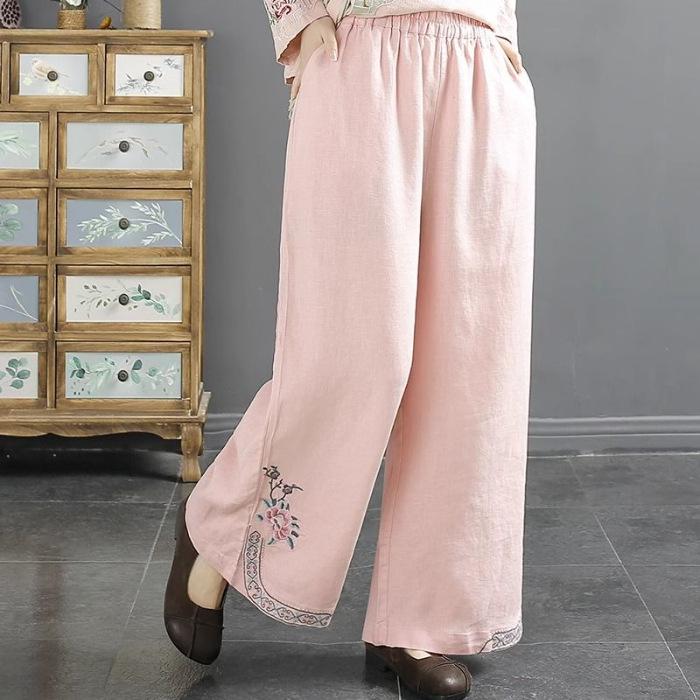 Tide Women's Spring Elastic Waist Cotton Linen Straight Leg Pants with Retro Embroidery