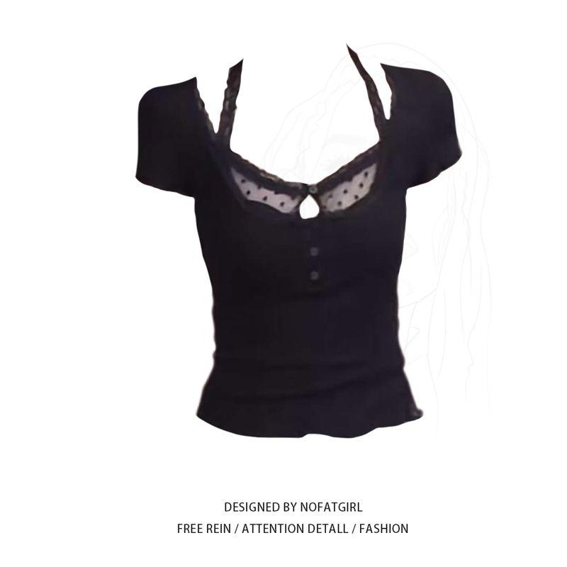 Plus size Fat Sister Black Peach a Spring and Summer Gyaru Pure Desire Style Design Sense Slim fit Patchwork Lace T-shirt Women s Top Tide Top M