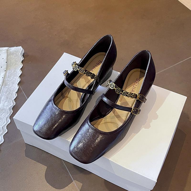 BEIJIANI 5318-6 Retro French Soft Mary Jane Shoes - Women’s Chunky Heel, Square Toe