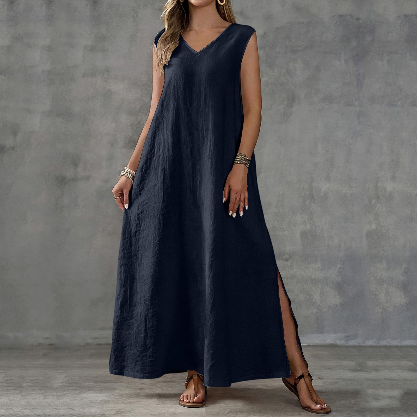 Women’s Fashionable Casual Plain Sleeveless V-neck Tank Top With Slit And Loose Fit Dress S тёмно-синий