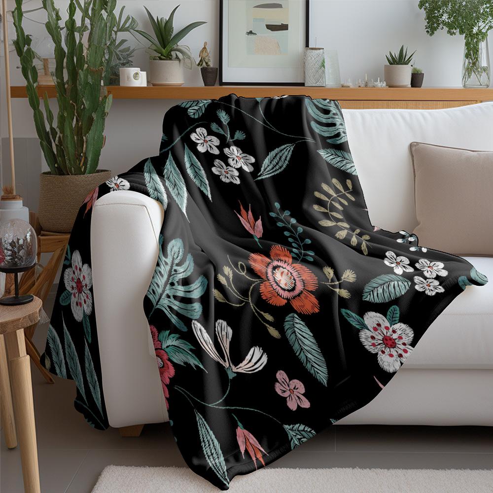 Floral Print Blanket Dark Grey Black Grey Kids Teens Sofa Bed Throw Decorative Gift Warm Soft Cozy