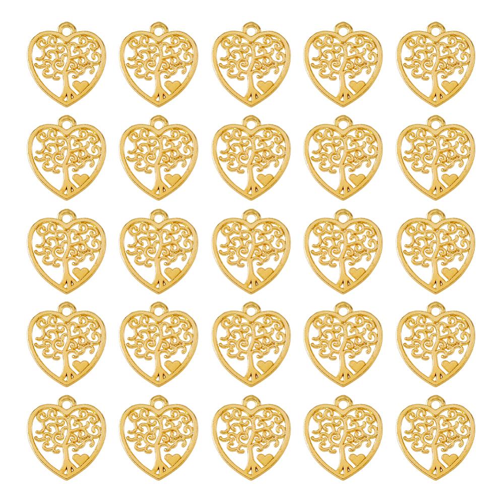 80Pcs Alloy Pendants Heart with Tree of Life Charms Golden 19x17x1mm