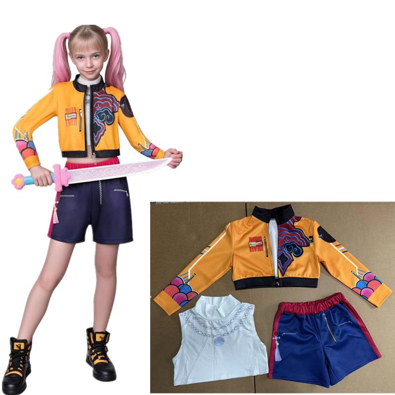 Crianças Meninas Kpop Caçadora de Demônios Cosplay Rumi Zoey Mira Conjunto de Fantasia Cosplay Estampa 3D Roupas de Apresentação de Palco Infantil Festa de Halloween