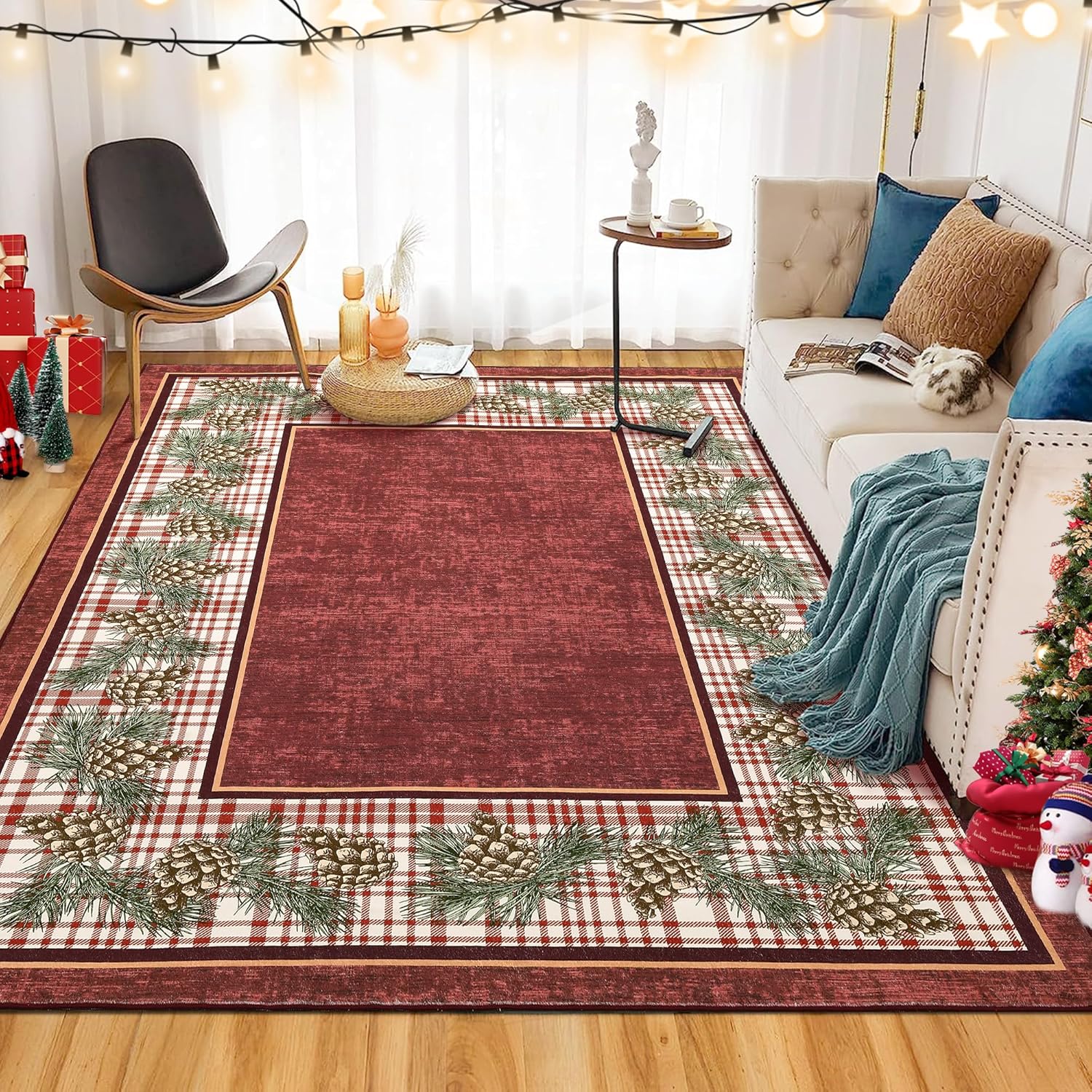 

Christmas Rug Bedroom Holiday Non Slip Throw Soft Carpet Stain Resistant Accent Rugs Pine Cones Decoration for Home Green Decor 40x60cm