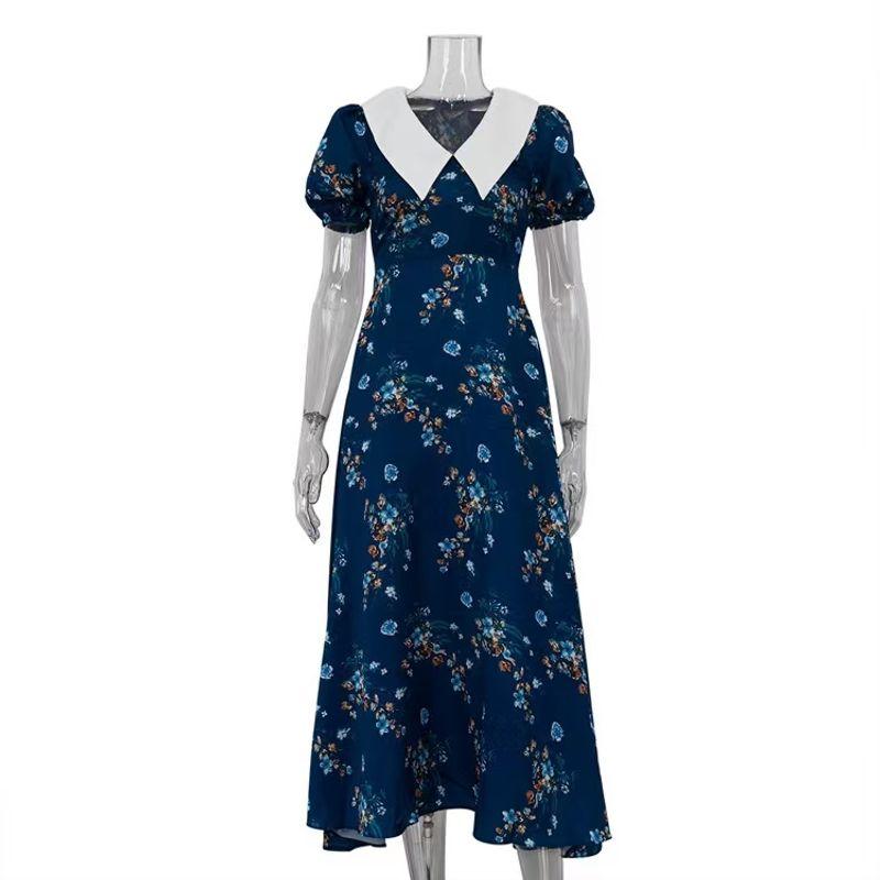 

New Arrival French Style Floral Doll Collar Short Sleeve Slim Looking Dress Doll Collar Printed Dress Blue S