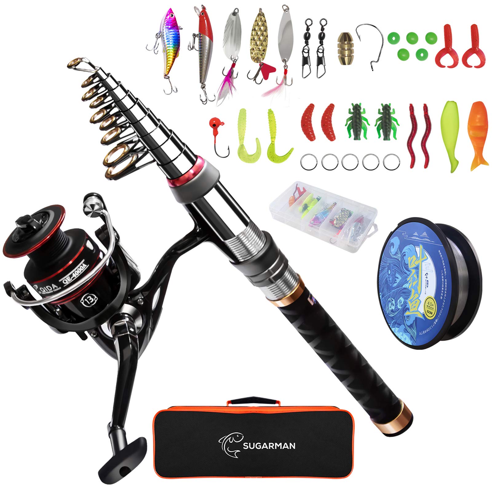 

Sugarman Fishing Carbon Telescopic Fishing Spinning and Fishing for Includes Storage Bag and Japanese for Sea Fishing Set, 1.8M Rod, Reel, Bait, Line,