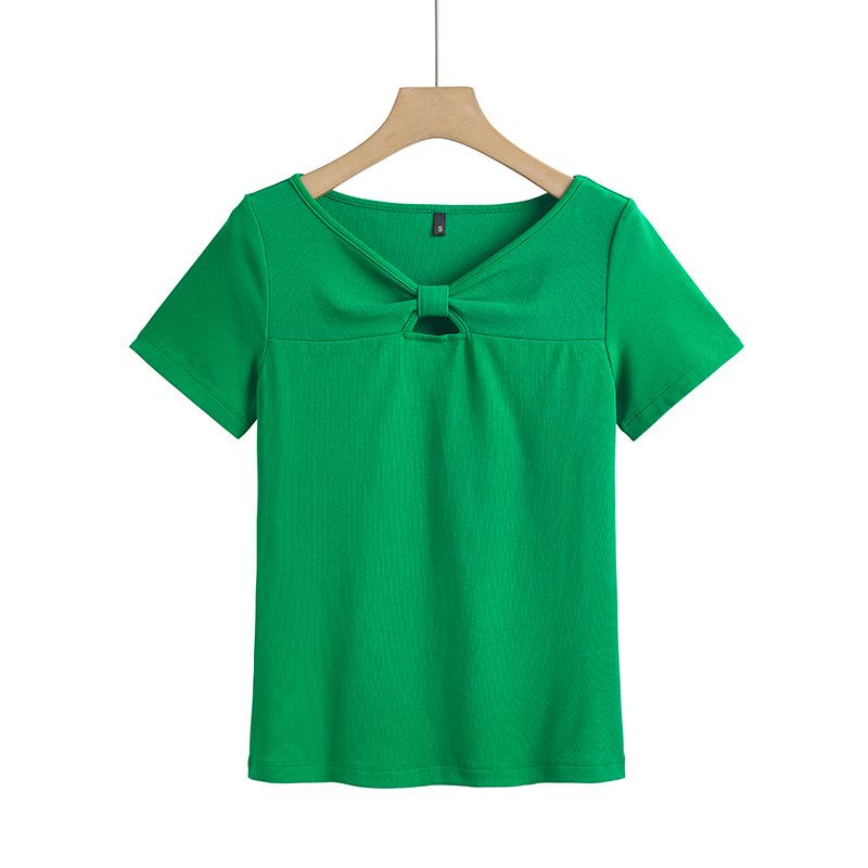 

Sweet Korean Style Hollow-Out Bowknot Cotton Slim T-Shirt – Women s Short-Sleeve Top S