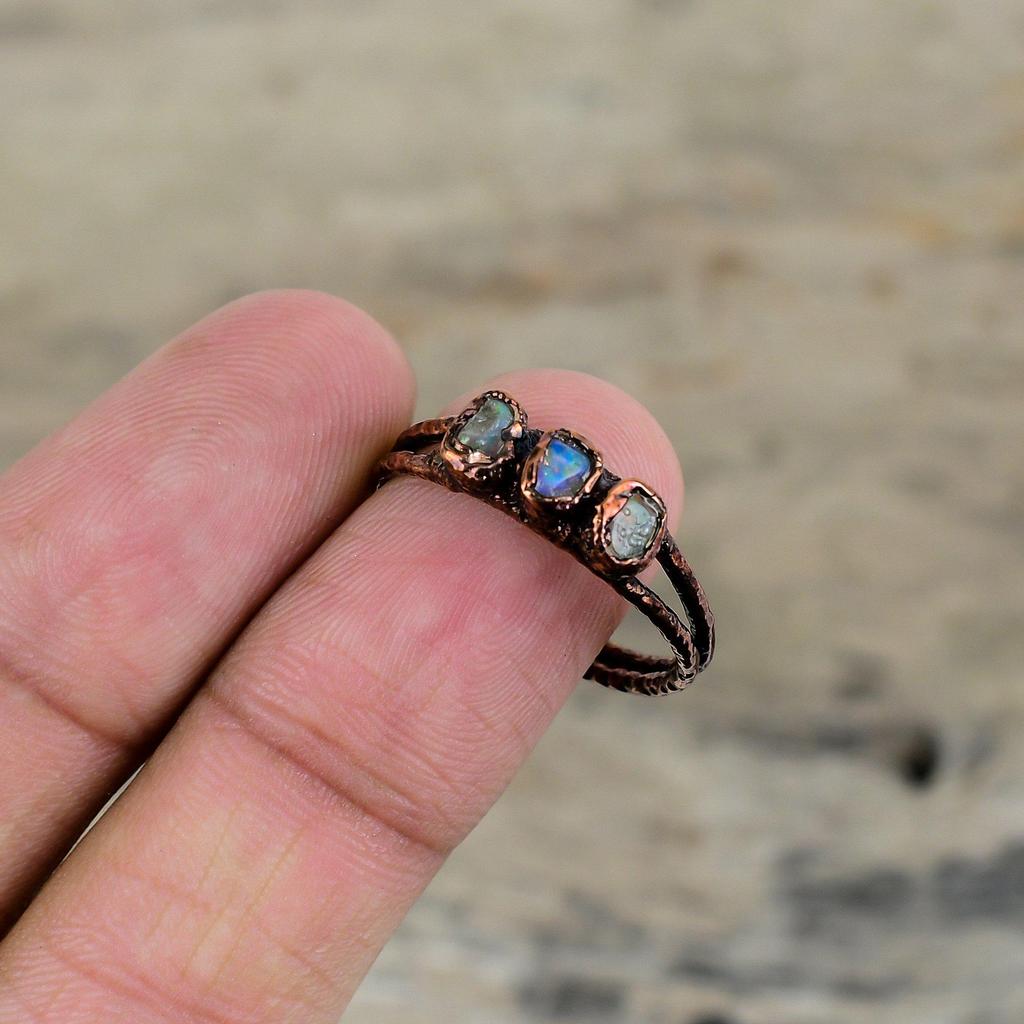 Ethiopian Opal Ring Electroformed Copper Ring Adjustable Ring Gemstone Copper Jewelry Handmade Designer Ring Electroformed Jewelry For Gifts