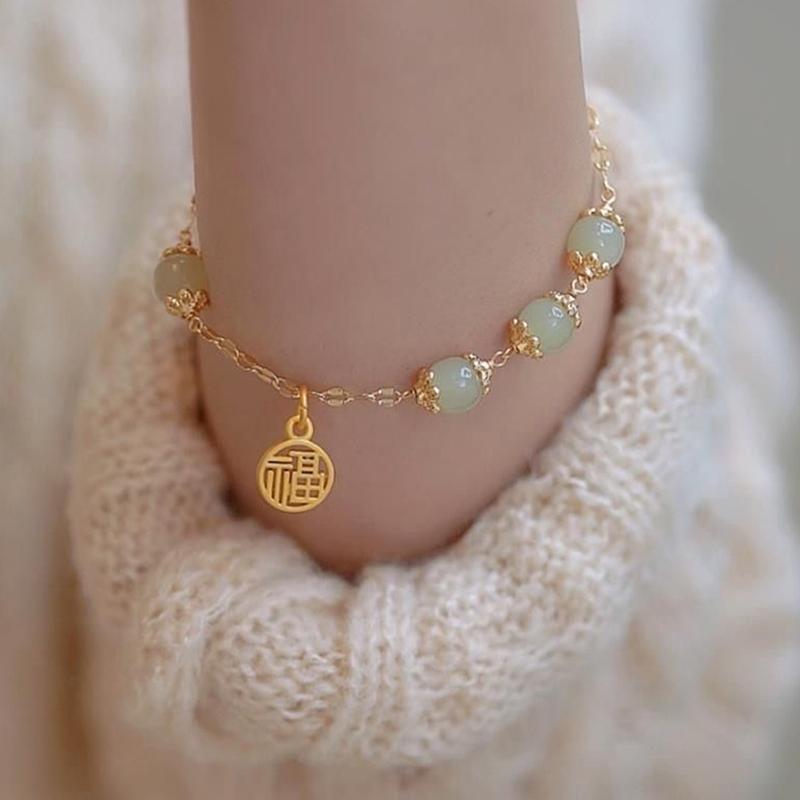 Bracciale Antico in Giada Hetian Portafortuna con Carattere Fu