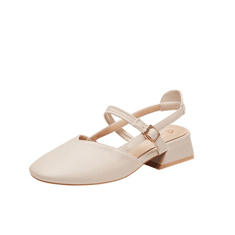 2025 New Women's Mid-heeled Sandals Square Head Buckle Thick Heel Korean Version Women's Sandals Hollow Women's Shoes