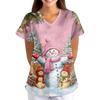 Women's Christmas Print Loose Fit V-Neck Short Sleeve Scrub Top with Pockets for Work