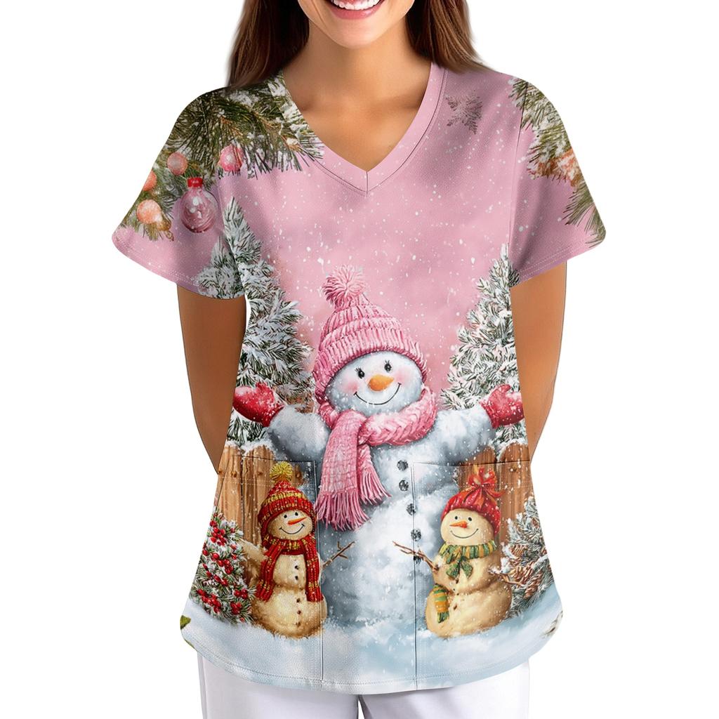 Women's Christmas Print Loose Fit V-Neck Short Sleeve Scrub Top with Pockets for Work