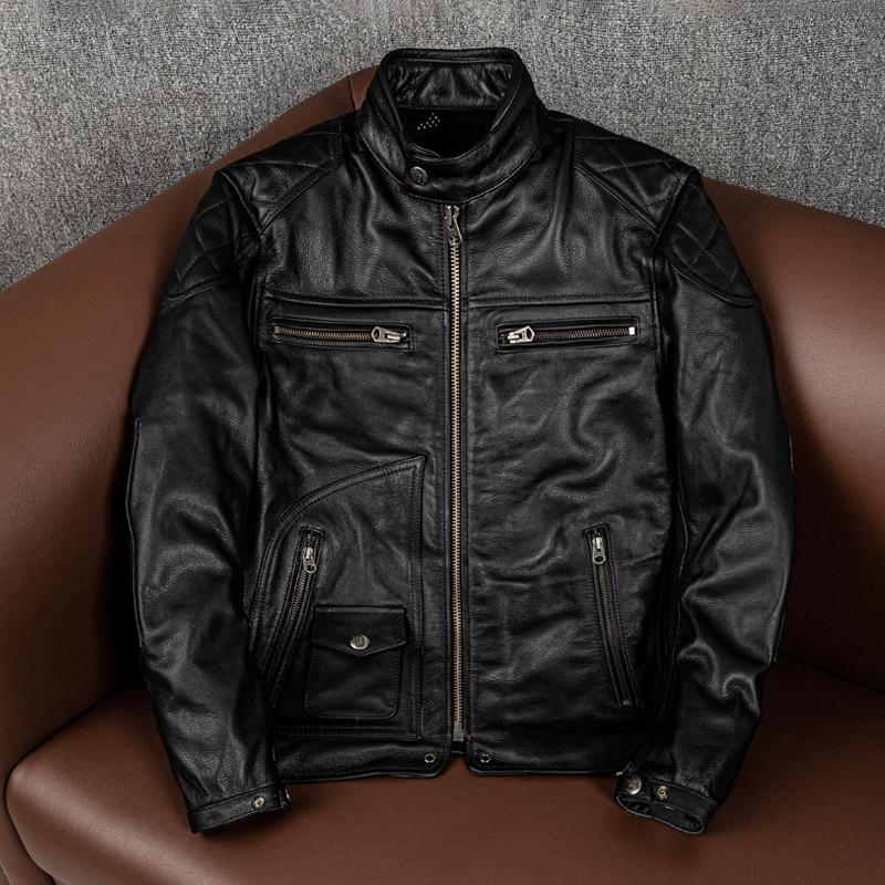 

Мужская куртка из натуральной кожи, куртка байкерская из коровьей кожи высшего сорта, с воротником-стойкой, куртка для мотоциклистов с карманами для защиты, большого размера S