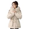 Women Winter Coat Thick Plush Furry Hooded Long Sleeves Pockets Drawstring Waist Zip-up Windproof Mid Length Overcoat Outdoor Outwear