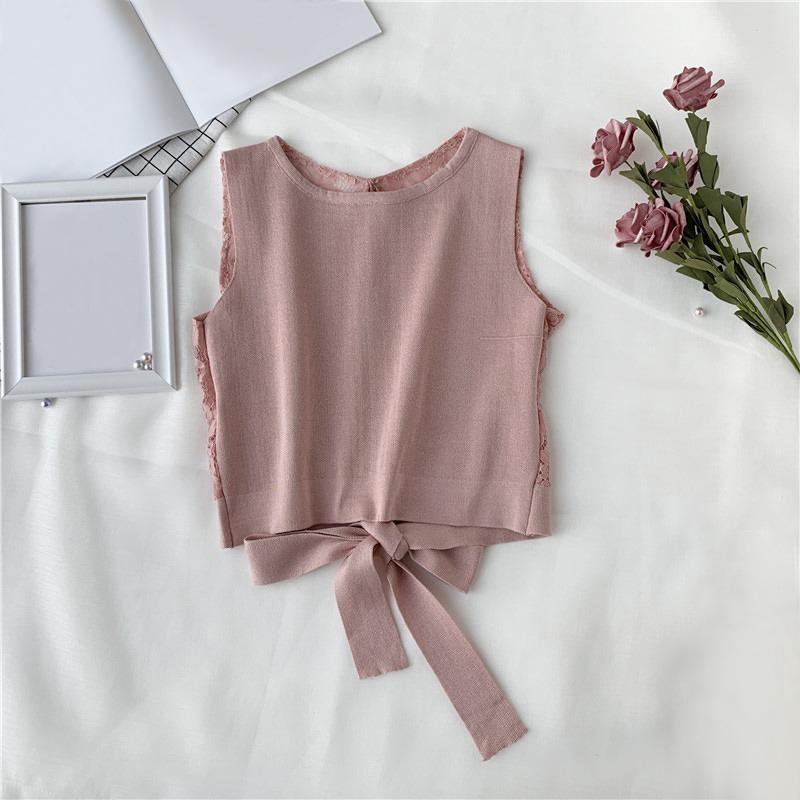 Women's Top Sleeveless O Neck Solid Casual Lace Up Backless Lace Stitching T-Shirt