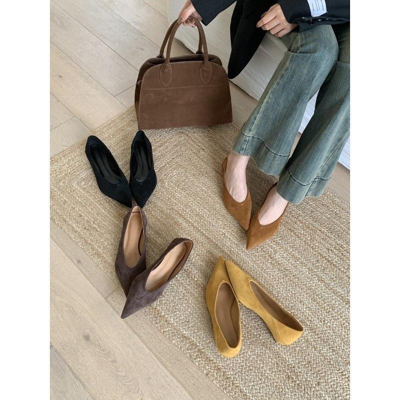 Retro pointed suede single shoes women's autumn and winter versatile one-pedal shallow mouth commuter work shoes