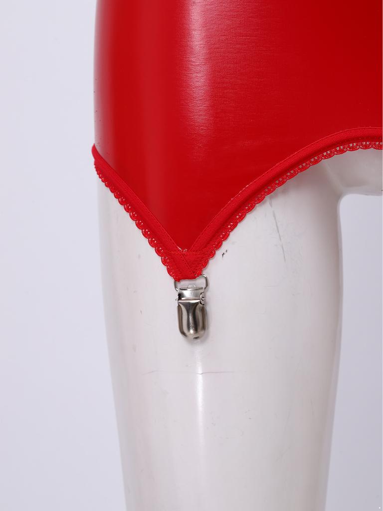 Minifalda Bodycon Brillante de PU para Mujer con Pinzas para Medias Integradas Cintura Alta Efecto Mojado Elástica