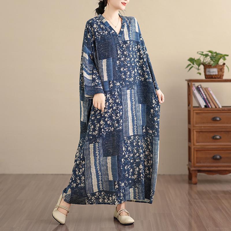 DIMANAF Spring Summer New 2026 Women Plus Size Long Dress Loose Basic Vintage Oversize Long Sleeve Maxi Floral