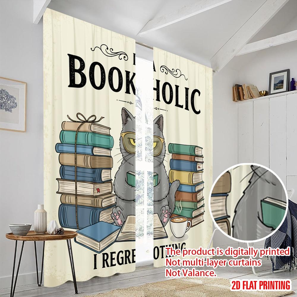 2pcs 2D Flat Printing Window Curtains Bookaholic Cat Reads Books Fabric Without Electricity Festive Wall Decor for Classroom