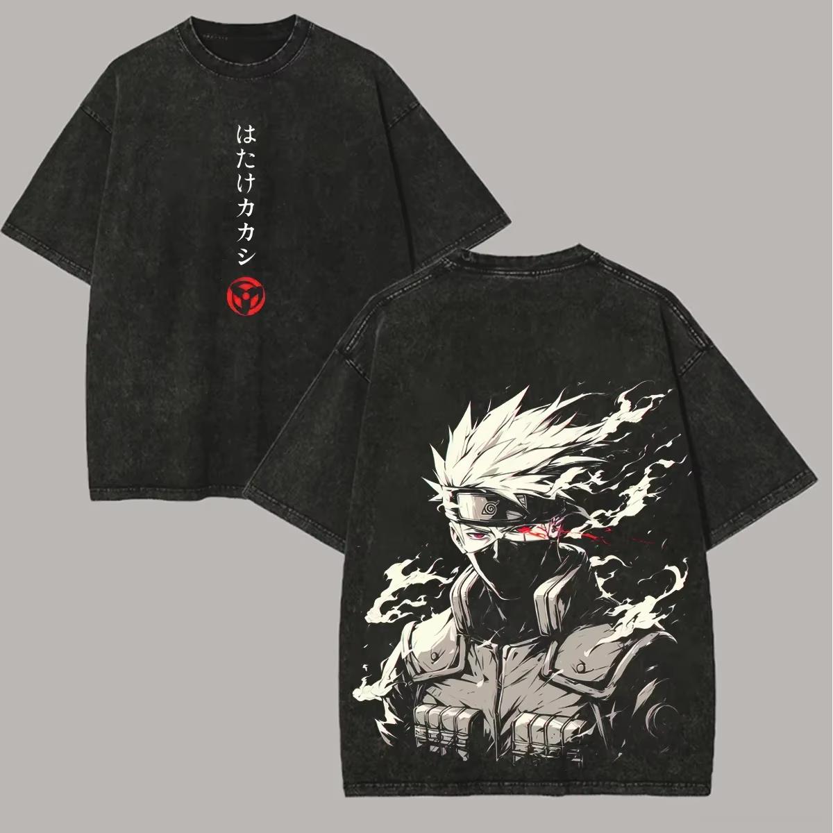Anime Naruto Kakashi Hatake Vintage Washed T Shirt Men Oversized Ninja Streetwear Graphic Tee Cotton M