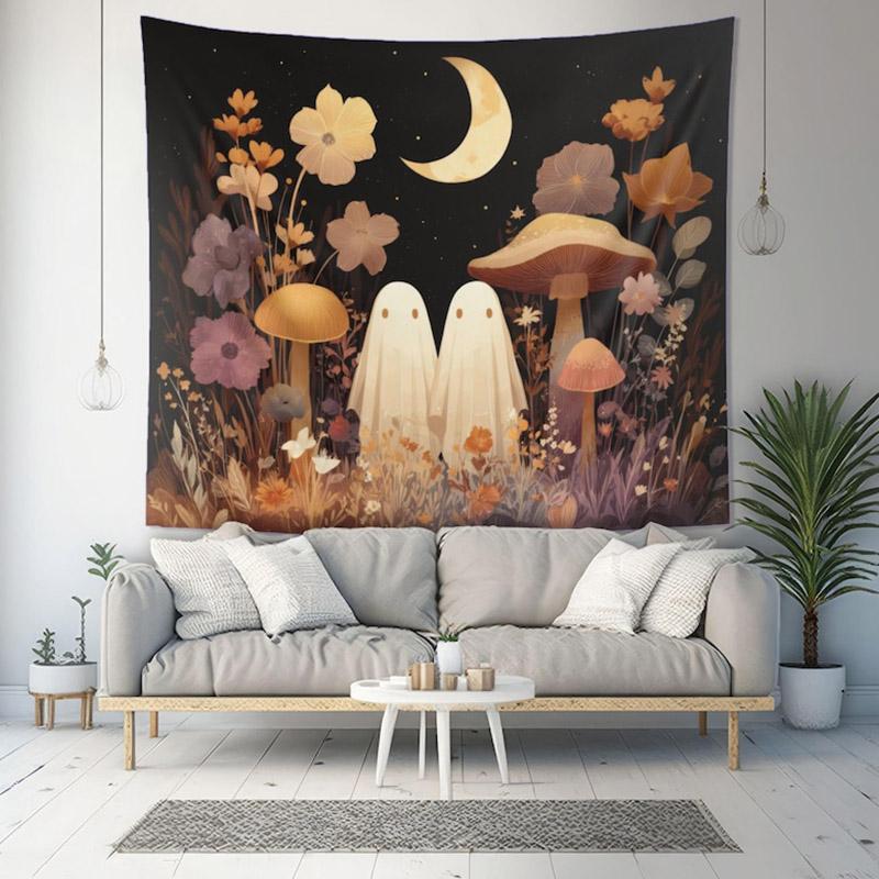 Ghost Garden Whimsy Tapestry With Cute Ghosts Mushrooms Wildflowers Crescent Moon Halloween Wall Art For Witchy Decor  Halloween