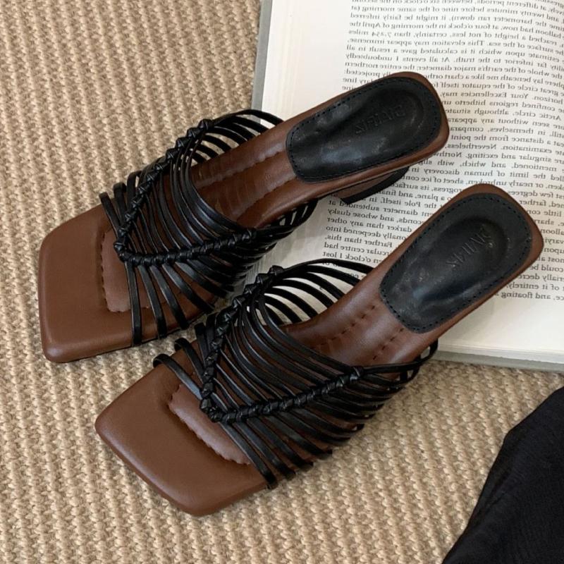 Fashion Retro Narrow Band Woven Slippers Women Fashion Square Toe Open Toe Slide Sandals Roman Style High Heeled Sandal Zapatos De Mujer