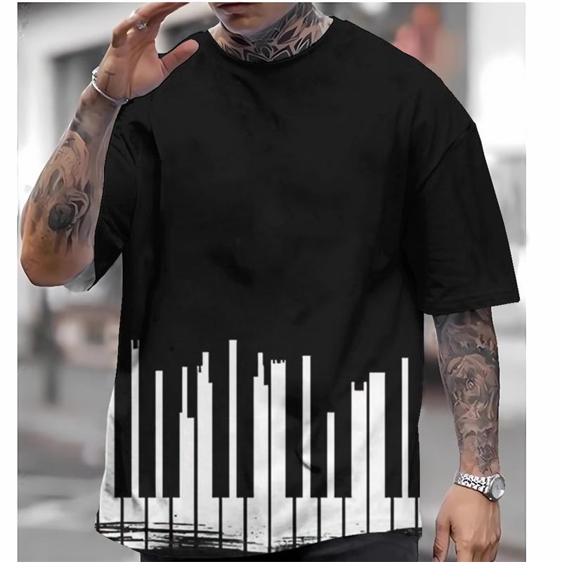Fashionable piano key pattern T-shirt, summer popular short sleeved round neck 3D note printed T-shirt, simple casual loose T-shirt