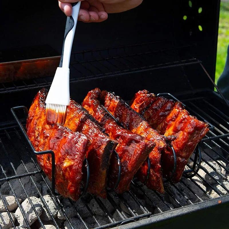 LMETJMA BBQ Rib Racks Non-Stick Coated Steel Roasting Barbecue Meat Roasting Grilling Stand Holds 4 Rib Rack For Gas Grill JT25t