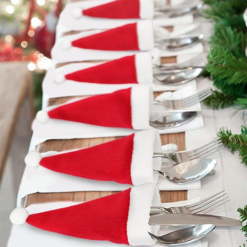 2-30PCS Merry Christmas Decoration Christmas Tableware Bag Holder Christmas Hat Fork Knife Cutlery Bag Christmas Ornament Decor