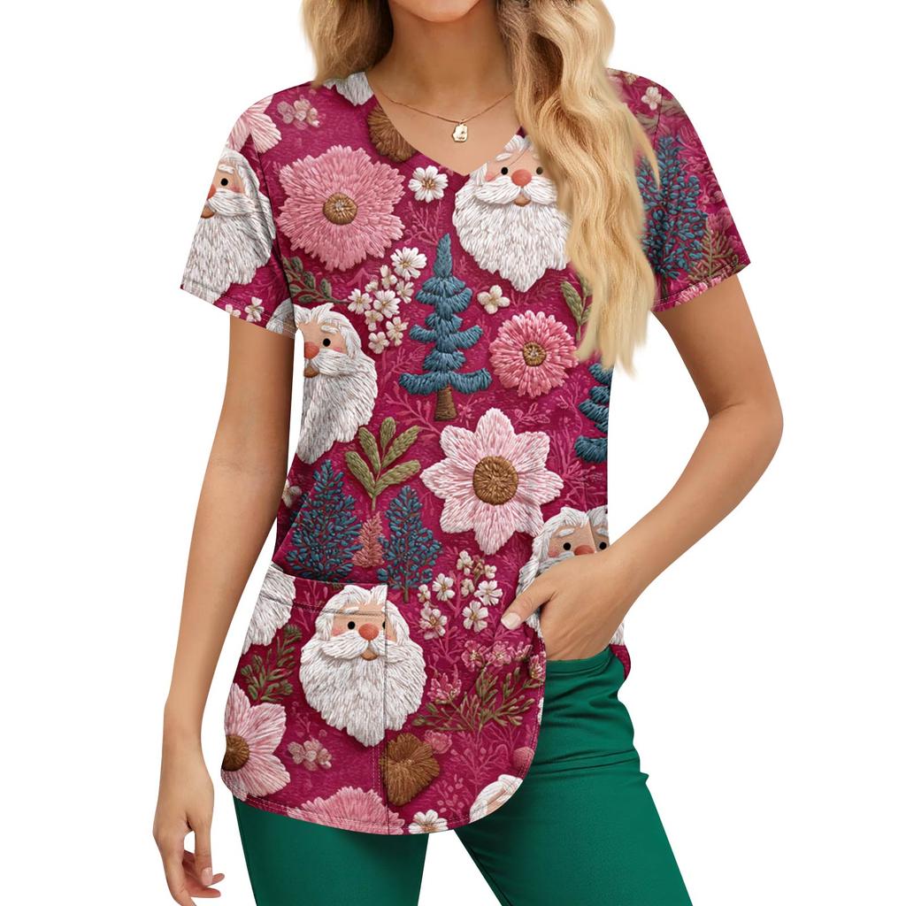 Women's Christmas Printing Short Sleeve V-neck Tops Working Pocket Blouse