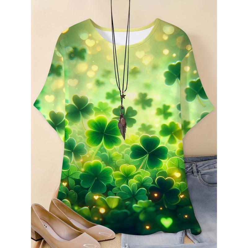Fashion Women's Crew Neck Short Sleeve 3D Four Leaf Clover Color Printed Four Leaf Clover Short Sleeve Crew Neck T-Shirt