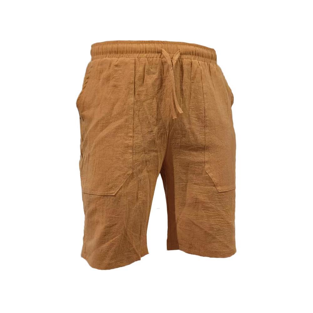 Men's Summer Cotton-Linen Shorts Drawstring Elastic Waistband Straight Leg Solid Color Breathable Casual Beach Shorts Mid-Length