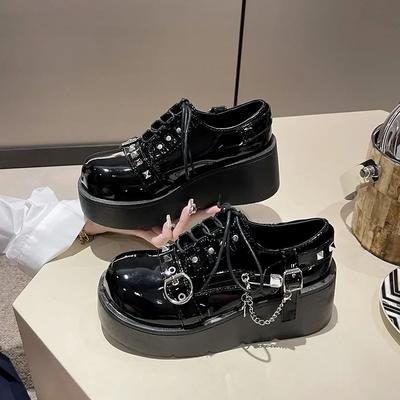 2024 Nuove Scarpe da Donna Stile Punk Scarpe con Catena Metallica Scarpe Stringate in Pelle Verniciata per Donna Piattaforma 6CM Scarpa Gotica Lolita Zapatos