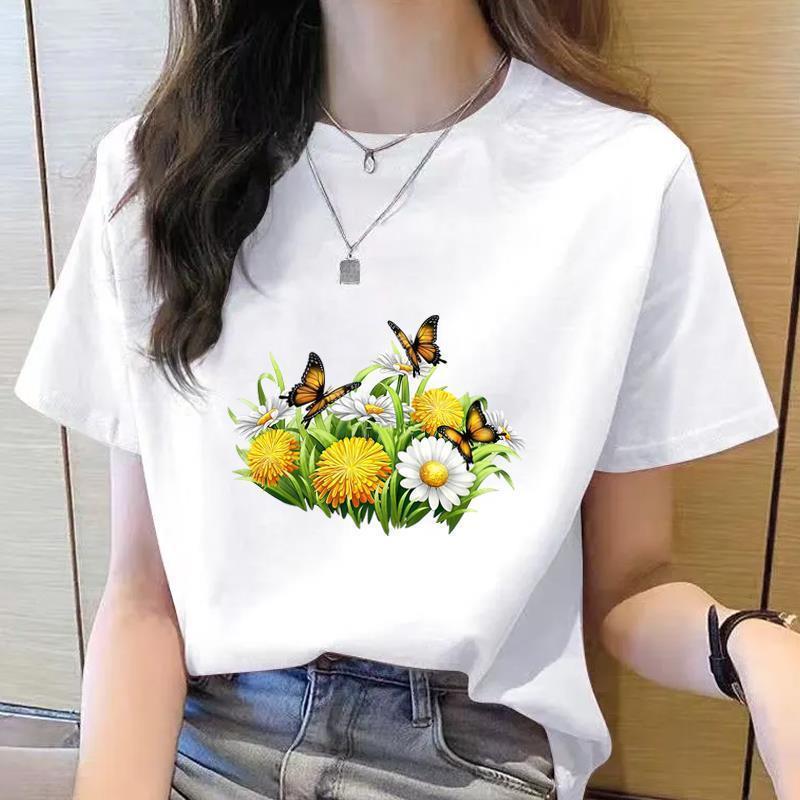 Korean Style Women's Floral Printed Short Sleeve T-Shirt, Round Neck, Casual Fashion for Youth