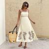 Women Spaghetti Strap A Line Midi Dress With Leaf Embroidery Casual Summer Sundress