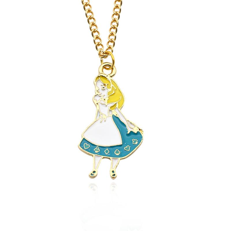 Cute Alloy Cartoon Alice Necklace Creative Colorful Clock Pendant Gifts for Female
