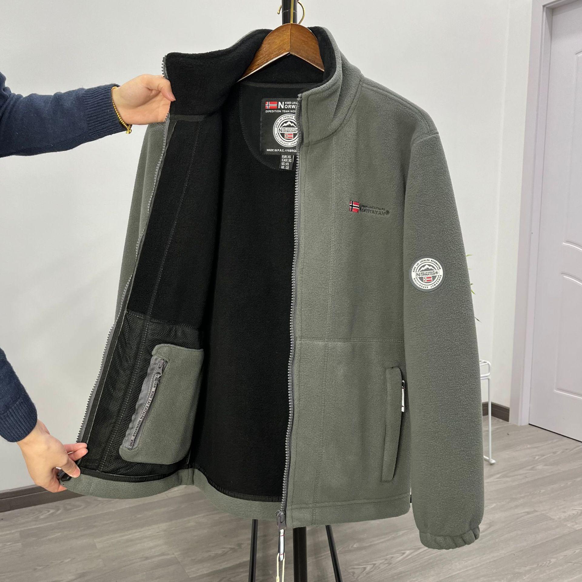 

Теплая флисовая куртка из бархата, двухслойная хлопковая куртка, плотная куртка, воротник-стойка, свитер с капюшоном и множеством карманов L серый