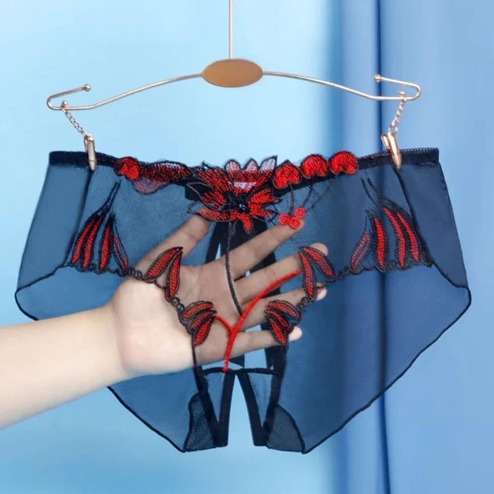 Women Plus Size Lace Sexy Transparent Underwear Floral Mesh Comfort Sheer Crotch Slit Traceless Briefs Panties Women's Briefs