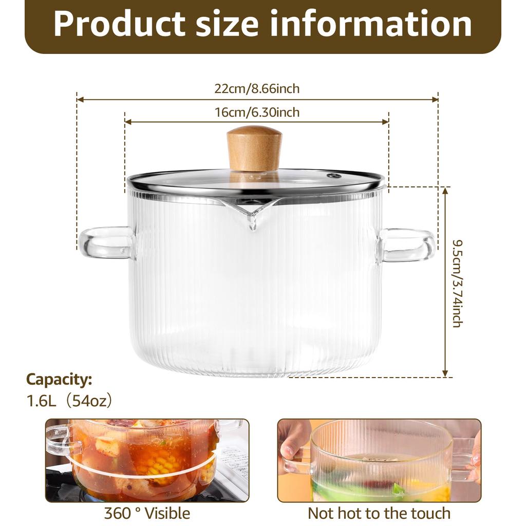 Glass Saucepan Clear Cooking Pot with Lid Heat Resistant Glass Soup Pot Dual Handles Saucepan Kitchen Cooking Tools Cookware