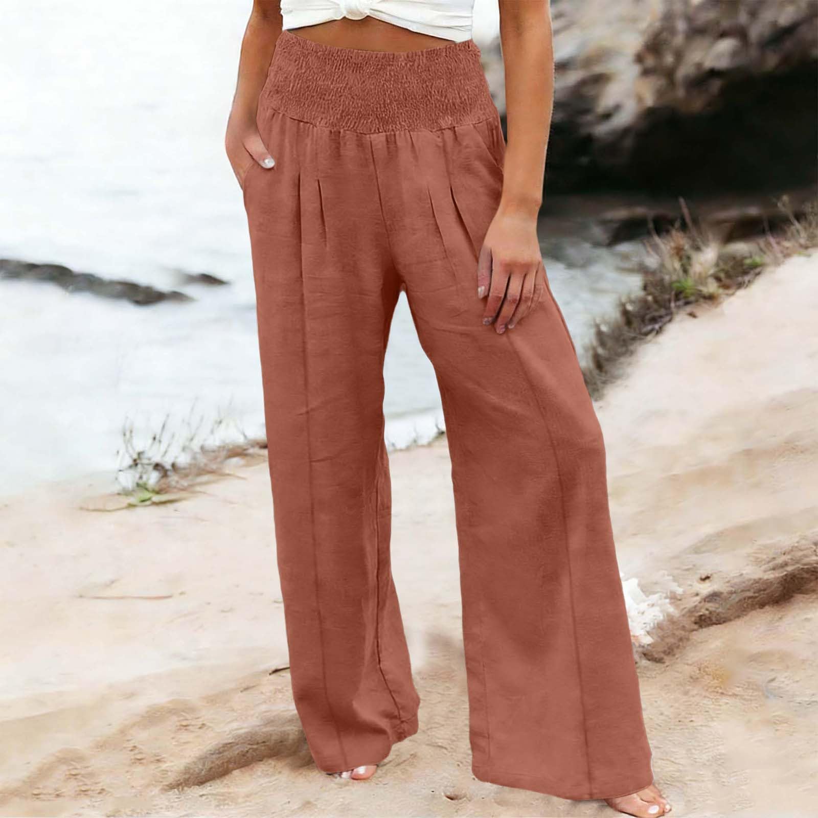 Women s Casual Fashion Cotton Linen Elastic Waist Pants With Pockets L