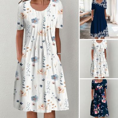 O-Neck Short Sleeve Pleated Midi Dress Pockets Loose Hem Mid-calf Length Women Floral Print A-Line Holiday Dress Daily Clothing