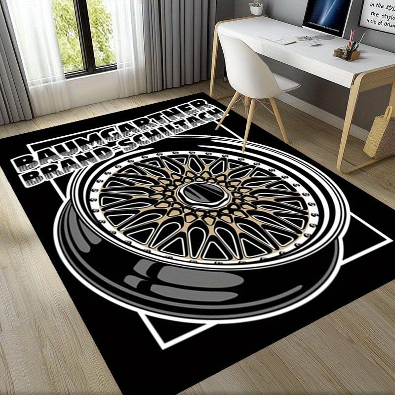 Gold Wheel Area Rug Realistic Rim Print NonSlip Floor Mat for Game Room Office Man Cave Automotive Enthusiast Decor