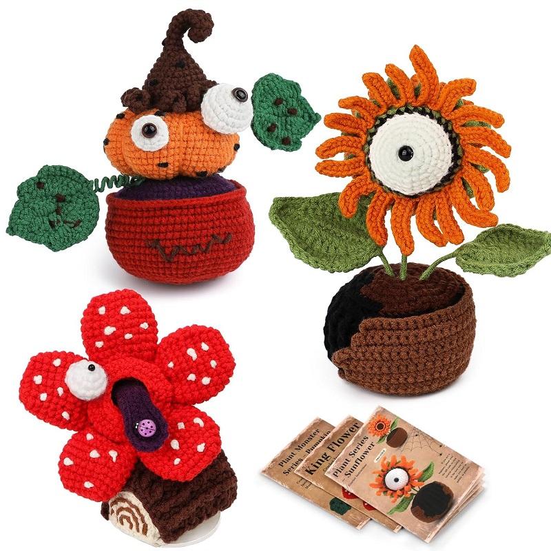 3 Plant Patterns Knitting Kit Funny Crochet Starters Kit Crocheting for Beginners with Video Tutorials for Festive Day Supplies