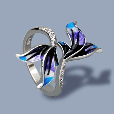 Fiore creativo Anello da donna Gioielli Anello a coda di sirena blu Anello epossidico Anello a farfalla smaltato fatto a mano Anelli da donna con gioielleria raffinata