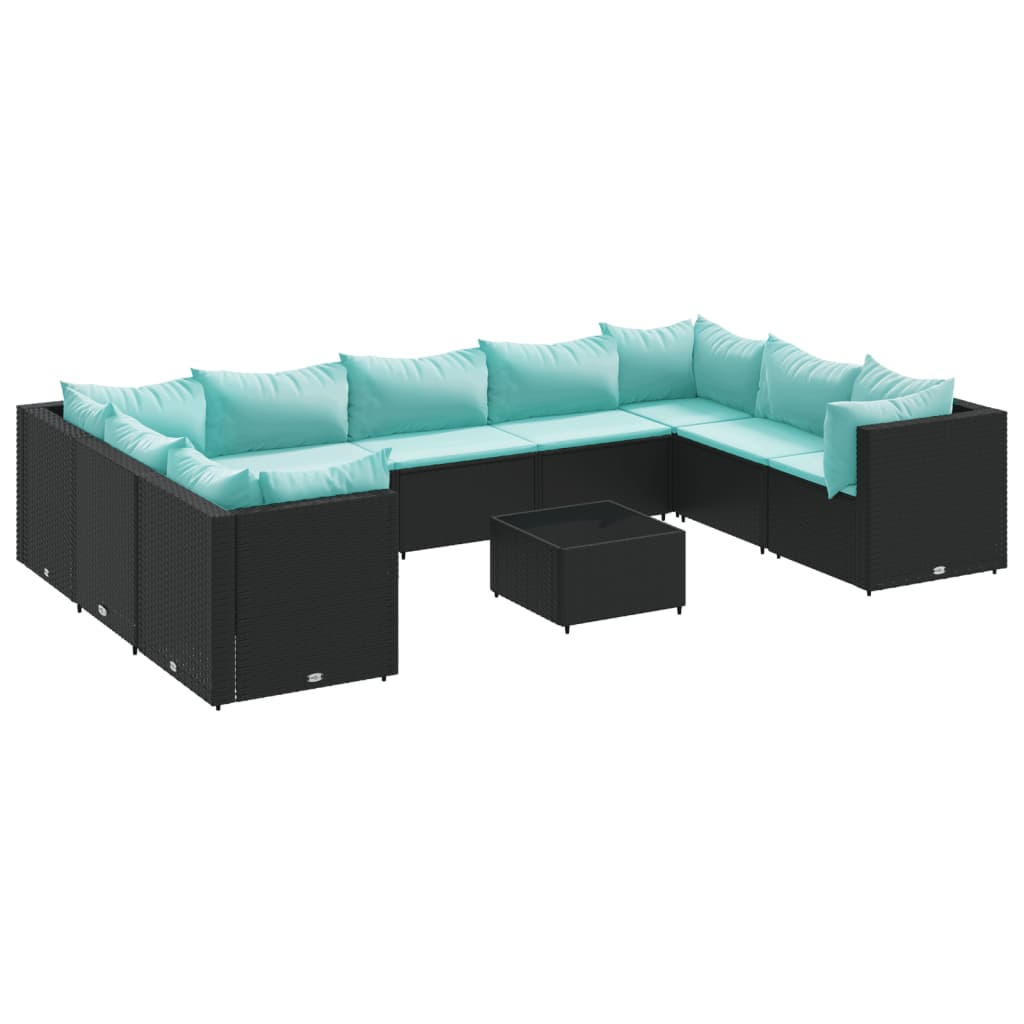 10 Piece Garden Lounge Set with Cushions Black Poly Rattan